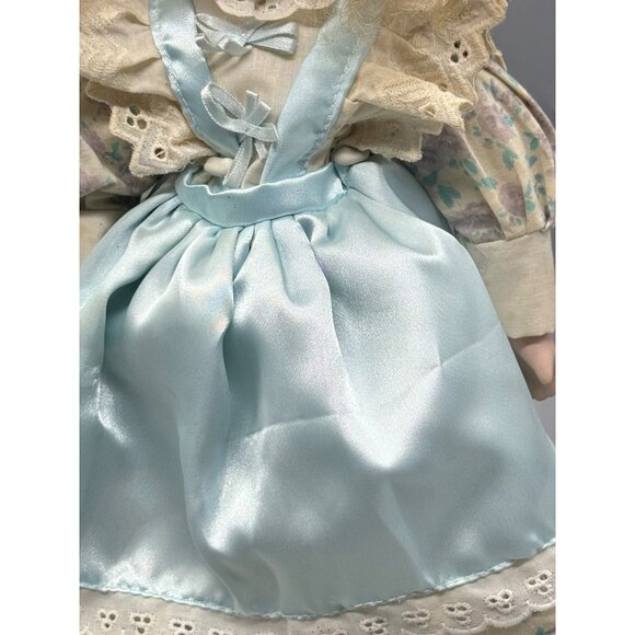 Vintage Porcelain Doll Blonde Curly Hair Blue Eyes Dress Lace Trim Figurine READ - Picture 4 of 11
